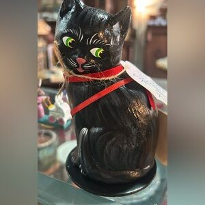 Vintage paper mache German  Cat Figurine with Red Ribbon